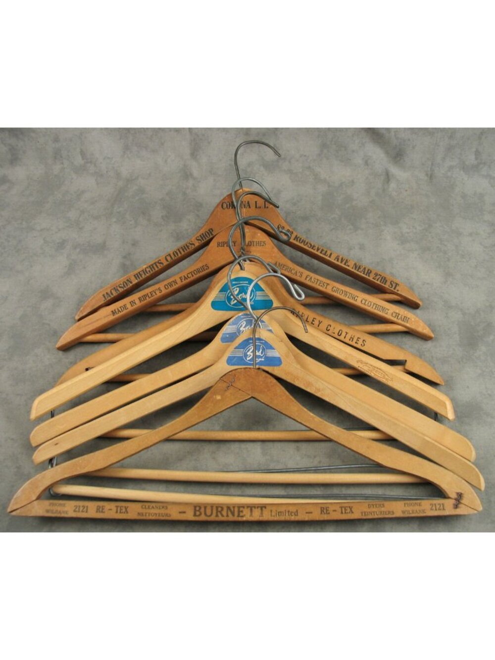 Lot of 7 Vintage Advertising Wood Suit Hangers Ripley Bond John Thomas Batts